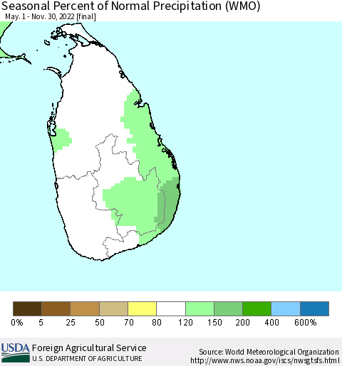 Sri Lanka Seasonal Percent of Normal Precipitation (WMO) Thematic Map For 5/1/2022 - 11/30/2022