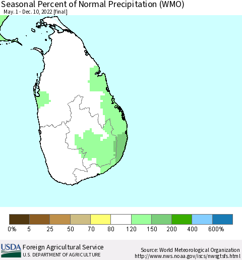 Sri Lanka Seasonal Percent of Normal Precipitation (WMO) Thematic Map For 5/1/2022 - 12/10/2022