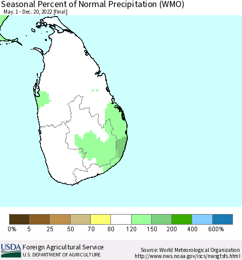 Sri Lanka Seasonal Percent of Normal Precipitation (WMO) Thematic Map For 5/1/2022 - 12/20/2022