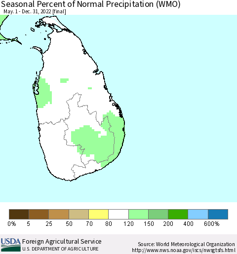 Sri Lanka Seasonal Percent of Normal Precipitation (WMO) Thematic Map For 5/1/2022 - 12/31/2022