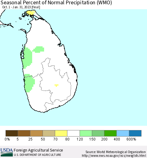 Sri Lanka Seasonal Percent of Normal Precipitation (WMO) Thematic Map For 10/1/2022 - 1/31/2023