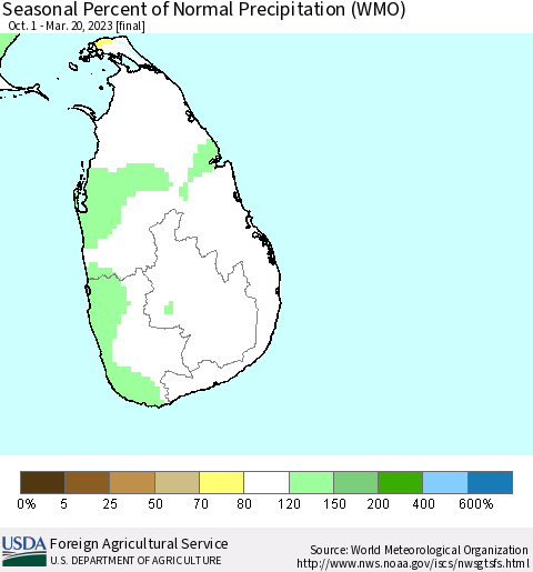 Sri Lanka Seasonal Percent of Normal Precipitation (WMO) Thematic Map For 10/1/2022 - 3/20/2023