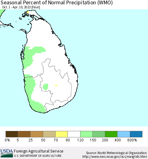 Sri Lanka Seasonal Percent of Normal Precipitation (WMO) Thematic Map For 10/1/2022 - 4/10/2023
