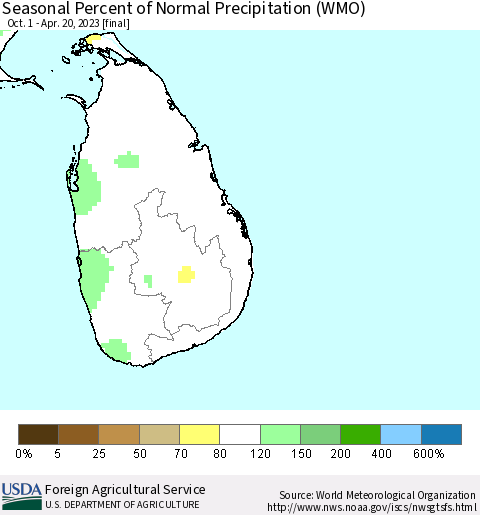 Sri Lanka Seasonal Percent of Normal Precipitation (WMO) Thematic Map For 10/1/2022 - 4/20/2023