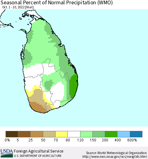 Sri Lanka Seasonal Percent of Normal Precipitation (WMO) Thematic Map For 10/1/2022 - 10/10/2022