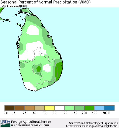 Sri Lanka Seasonal Percent of Normal Precipitation (WMO) Thematic Map For 10/1/2022 - 10/20/2022