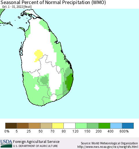 Sri Lanka Seasonal Percent of Normal Precipitation (WMO) Thematic Map For 10/1/2022 - 10/31/2022