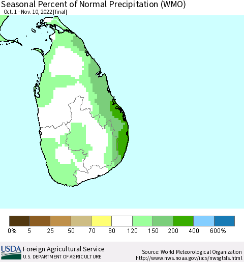 Sri Lanka Seasonal Percent of Normal Precipitation (WMO) Thematic Map For 10/1/2022 - 11/10/2022