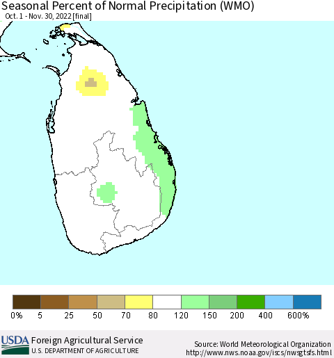 Sri Lanka Seasonal Percent of Normal Precipitation (WMO) Thematic Map For 10/1/2022 - 11/30/2022