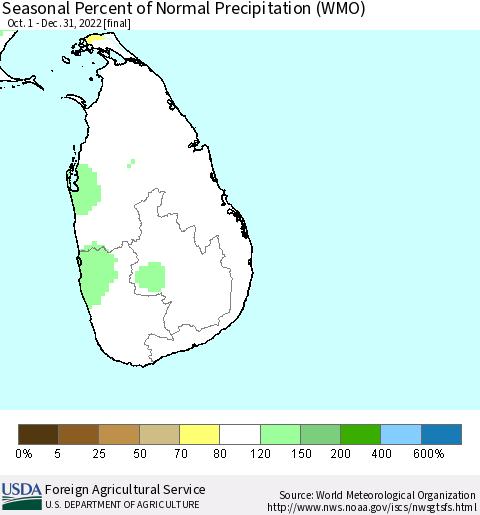 Sri Lanka Seasonal Percent of Normal Precipitation (WMO) Thematic Map For 10/1/2022 - 12/31/2022