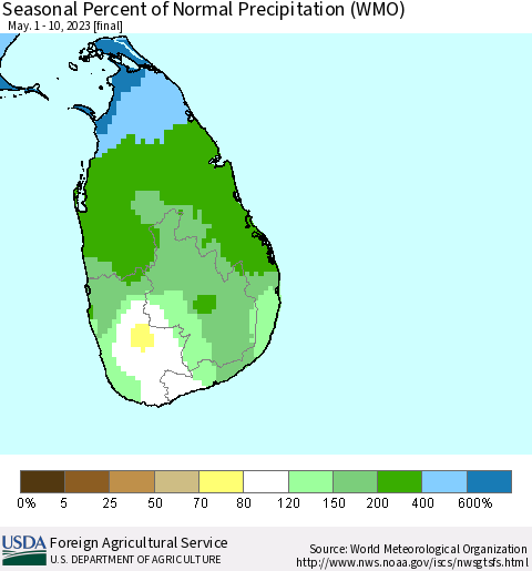 Sri Lanka Seasonal Percent of Normal Precipitation (WMO) Thematic Map For 5/1/2023 - 5/10/2023