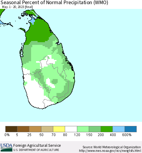 Sri Lanka Seasonal Percent of Normal Precipitation (WMO) Thematic Map For 5/1/2023 - 5/20/2023