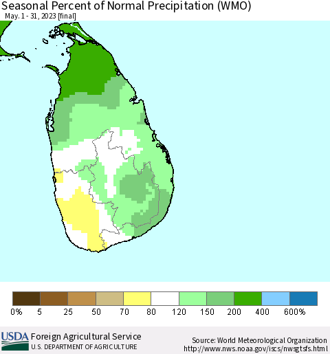 Sri Lanka Seasonal Percent of Normal Precipitation (WMO) Thematic Map For 5/1/2023 - 5/31/2023