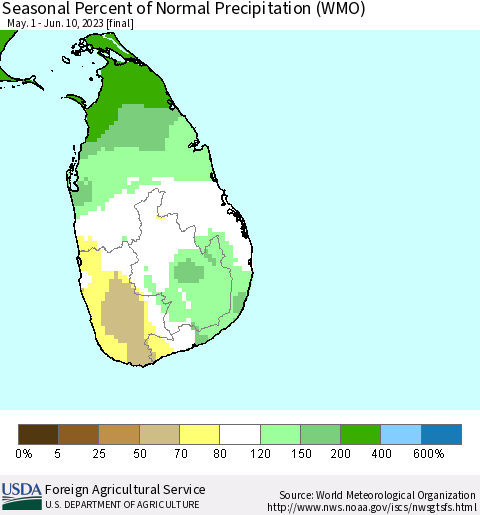 Sri Lanka Seasonal Percent of Normal Precipitation (WMO) Thematic Map For 5/1/2023 - 6/10/2023