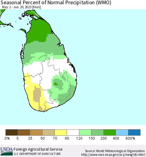 Sri Lanka Seasonal Percent of Normal Precipitation (WMO) Thematic Map For 5/1/2023 - 6/20/2023