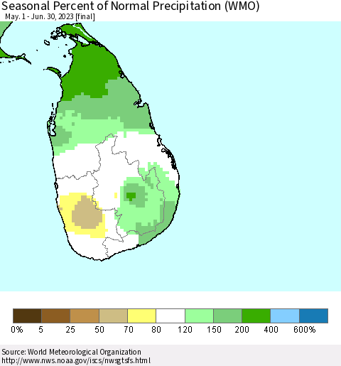 Sri Lanka Seasonal Percent of Normal Precipitation (WMO) Thematic Map For 5/1/2023 - 6/30/2023