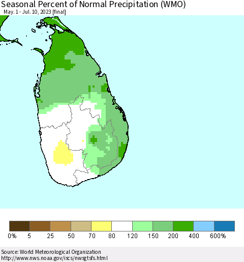 Sri Lanka Seasonal Percent of Normal Precipitation (WMO) Thematic Map For 5/1/2023 - 7/10/2023