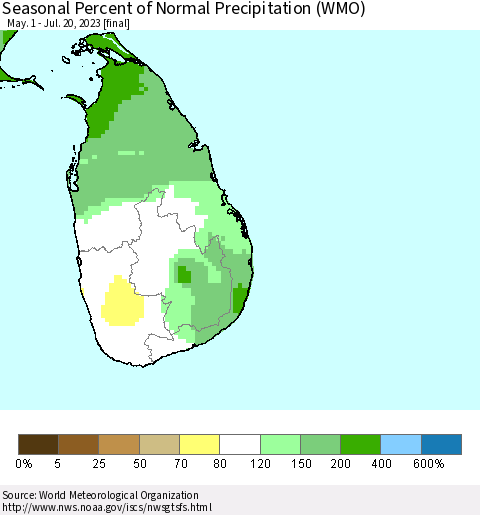 Sri Lanka Seasonal Percent of Normal Precipitation (WMO) Thematic Map For 5/1/2023 - 7/20/2023