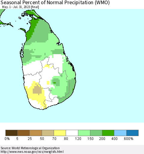 Sri Lanka Seasonal Percent of Normal Precipitation (WMO) Thematic Map For 5/1/2023 - 7/31/2023