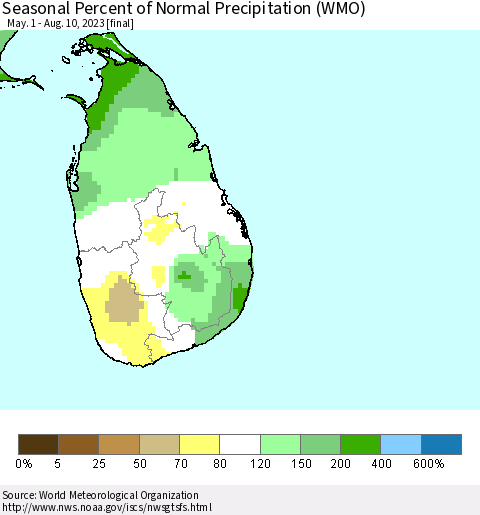 Sri Lanka Seasonal Percent of Normal Precipitation (WMO) Thematic Map For 5/1/2023 - 8/10/2023