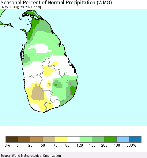 Sri Lanka Seasonal Percent of Normal Precipitation (WMO) Thematic Map For 5/1/2023 - 8/20/2023