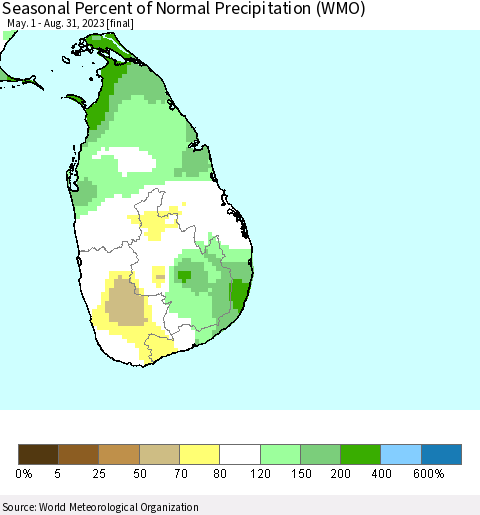 Sri Lanka Seasonal Percent of Normal Precipitation (WMO) Thematic Map For 5/1/2023 - 8/31/2023