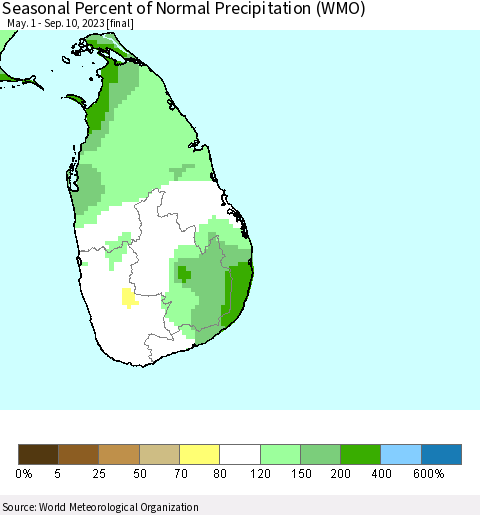 Sri Lanka Seasonal Percent of Normal Precipitation (WMO) Thematic Map For 5/1/2023 - 9/10/2023
