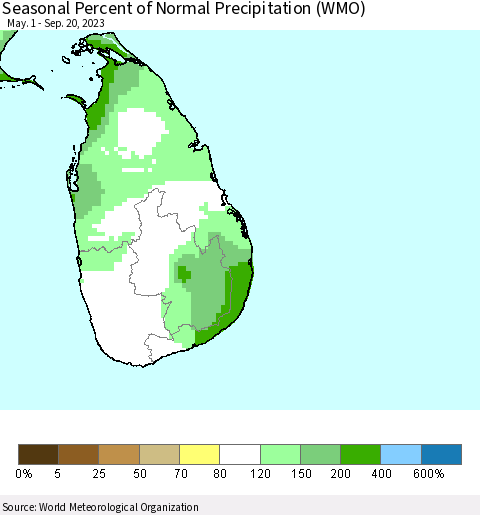 Sri Lanka Seasonal Percent of Normal Precipitation (WMO) Thematic Map For 5/1/2023 - 9/20/2023