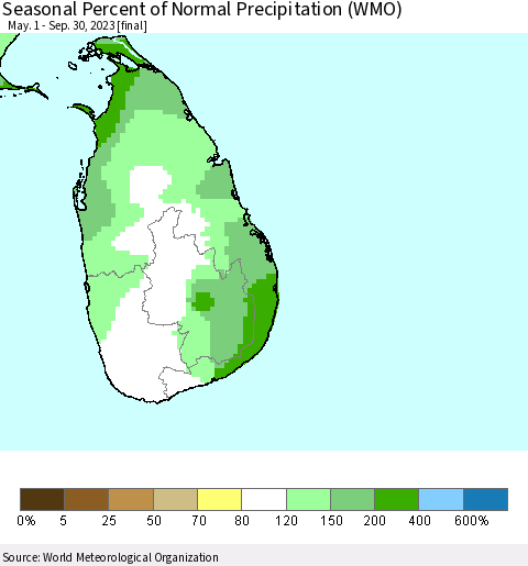 Sri Lanka Seasonal Percent of Normal Precipitation (WMO) Thematic Map For 5/1/2023 - 9/30/2023