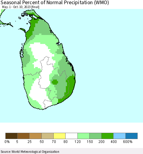 Sri Lanka Seasonal Percent of Normal Precipitation (WMO) Thematic Map For 5/1/2023 - 10/10/2023