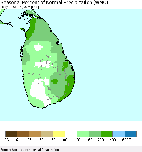 Sri Lanka Seasonal Percent of Normal Precipitation (WMO) Thematic Map For 5/1/2023 - 10/20/2023