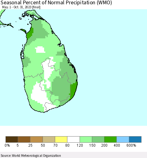Sri Lanka Seasonal Percent of Normal Precipitation (WMO) Thematic Map For 5/1/2023 - 10/31/2023