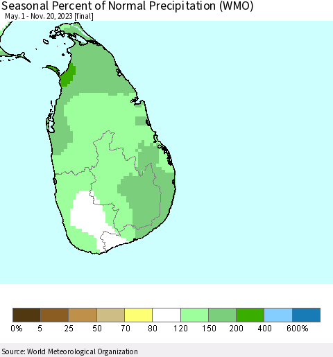 Sri Lanka Seasonal Percent of Normal Precipitation (WMO) Thematic Map For 5/1/2023 - 11/20/2023