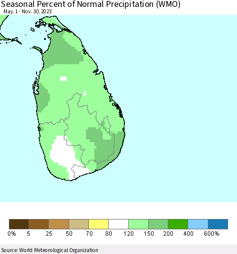 Sri Lanka Seasonal Percent of Normal Precipitation (WMO) Thematic Map For 5/1/2023 - 11/30/2023