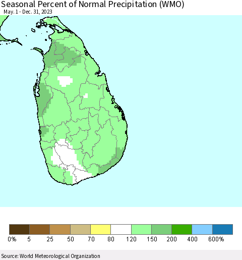 Sri Lanka Seasonal Percent of Normal Precipitation (WMO) Thematic Map For 5/1/2023 - 12/31/2023