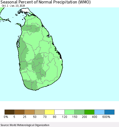 Sri Lanka Seasonal Percent of Normal Precipitation (WMO) Thematic Map For 10/1/2023 - 1/10/2024