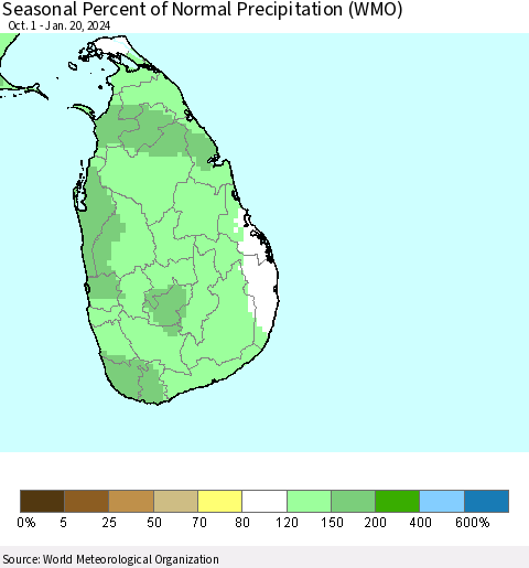 Sri Lanka Seasonal Percent of Normal Precipitation (WMO) Thematic Map For 10/1/2023 - 1/20/2024