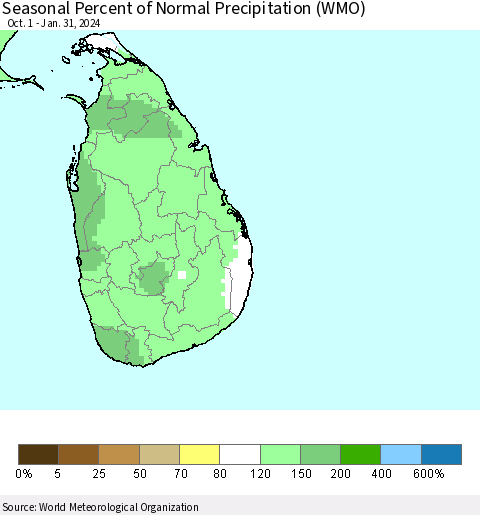 Sri Lanka Seasonal Percent of Normal Precipitation (WMO) Thematic Map For 10/1/2023 - 1/31/2024