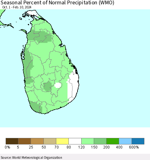 Sri Lanka Seasonal Percent of Normal Precipitation (WMO) Thematic Map For 10/1/2023 - 2/10/2024