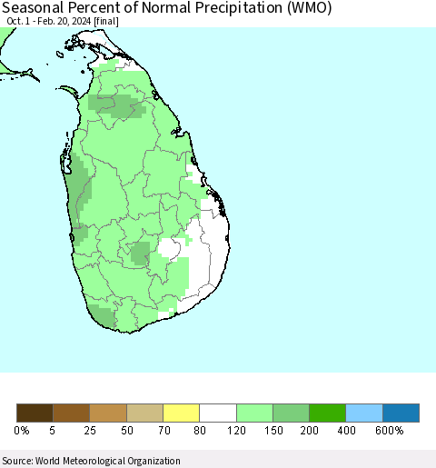 Sri Lanka Seasonal Percent of Normal Precipitation (WMO) Thematic Map For 10/1/2023 - 2/20/2024