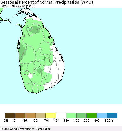 Sri Lanka Seasonal Percent of Normal Precipitation (WMO) Thematic Map For 10/1/2023 - 2/29/2024