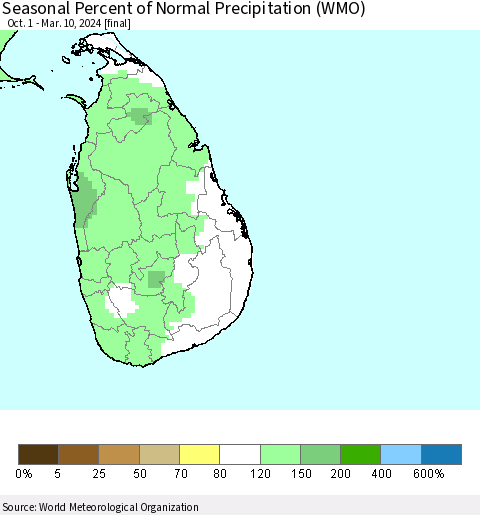 Sri Lanka Seasonal Percent of Normal Precipitation (WMO) Thematic Map For 10/1/2023 - 3/10/2024