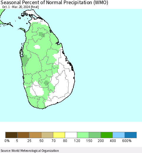Sri Lanka Seasonal Percent of Normal Precipitation (WMO) Thematic Map For 10/1/2023 - 3/20/2024