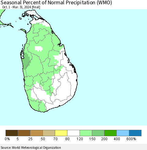 Sri Lanka Seasonal Percent of Normal Precipitation (WMO) Thematic Map For 10/1/2023 - 3/31/2024