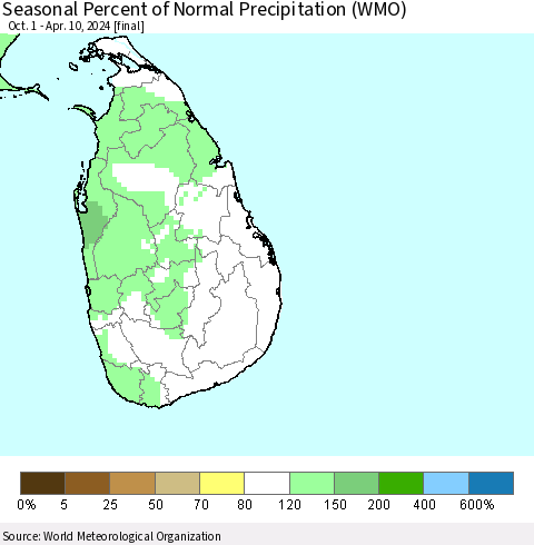 Sri Lanka Seasonal Percent of Normal Precipitation (WMO) Thematic Map For 10/1/2023 - 4/10/2024
