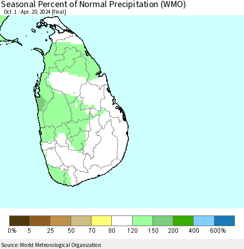 Sri Lanka Seasonal Percent of Normal Precipitation (WMO) Thematic Map For 10/1/2023 - 4/20/2024