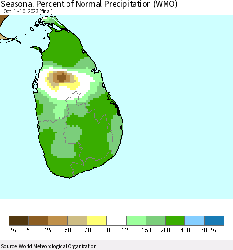 Sri Lanka Seasonal Percent of Normal Precipitation (WMO) Thematic Map For 10/1/2023 - 10/10/2023