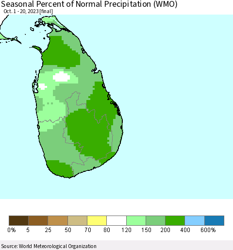 Sri Lanka Seasonal Percent of Normal Precipitation (WMO) Thematic Map For 10/1/2023 - 10/20/2023
