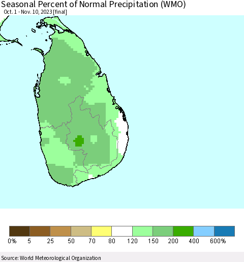 Sri Lanka Seasonal Percent of Normal Precipitation (WMO) Thematic Map For 10/1/2023 - 11/10/2023