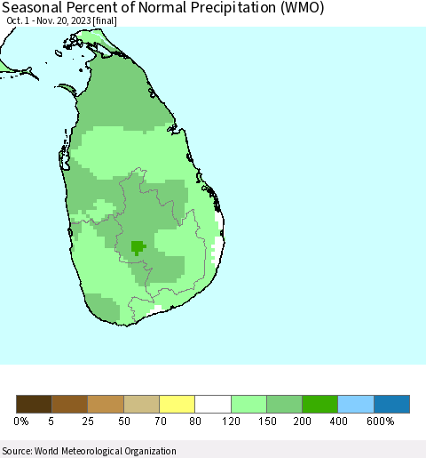 Sri Lanka Seasonal Percent of Normal Precipitation (WMO) Thematic Map For 10/1/2023 - 11/20/2023